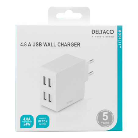 Kraftfull USB-laddare 4,8A (4x2,4A) för mobiler paddor, Deltaco