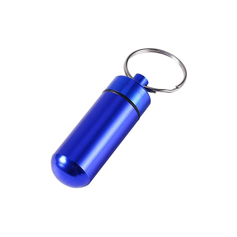 Piller- Medicin- Tablett-burk-kapsel-behållare-på nyckelring blå