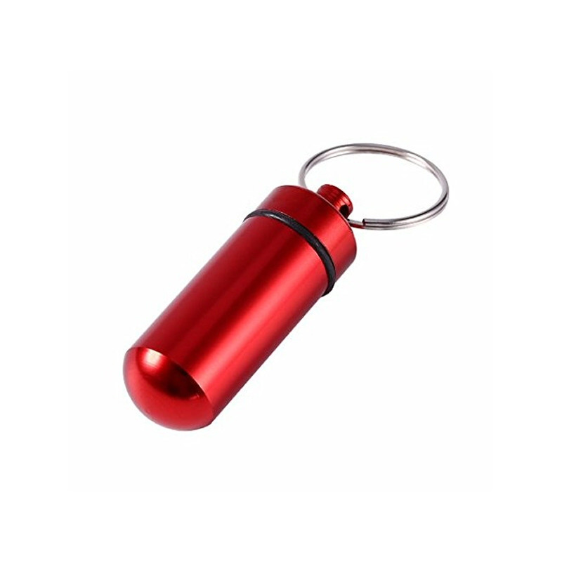 Piller- Medicin- Tablett-burk-kapsel-behållare-på nyckelring röd