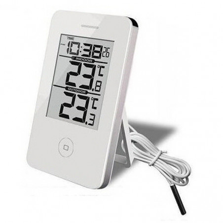 Digital termometer som mäter både inne och ute med klocka