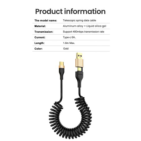 2i1 Laddkabel-Spiral med både USB-A och USB-C i samma kabel. 1.6 meter
