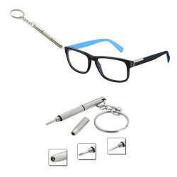 Glasögon-Skruvmejsel med tre små olika verktyg. Flat mejsel, kryssmejsel och hylsnyckel.
