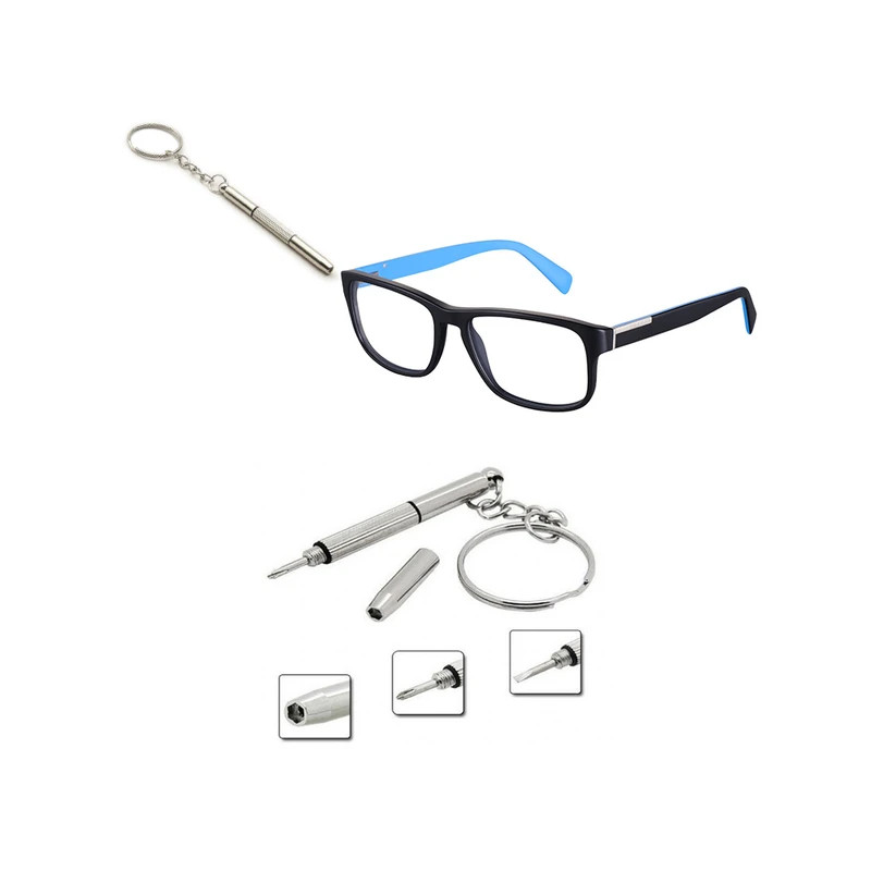 Glasögon-Skruvmejsel med tre små olika verktyg. Flat mejsel, kryssmejsel och hylsnyckel.