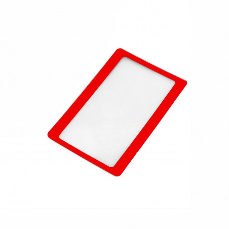 Rött förstoringsglas i kreditkortsformat.